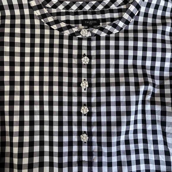 Talbots Plus 2X Black White Gingham Stretch Cotton Blouse w/ Rhinestone Buttons - Picture 2 of 7